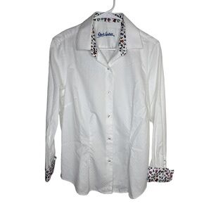 ROBERT GRAHAM Women’s Sz L White Clothes Patterned Collar Textured Cotton Shirt